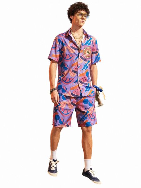 

men watermelon & letter graphic pocket patched shirt & shorts n4jf#, Gray