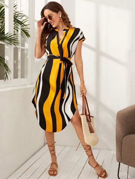 

colorblock notched belted dress u5k2#, Black;gray