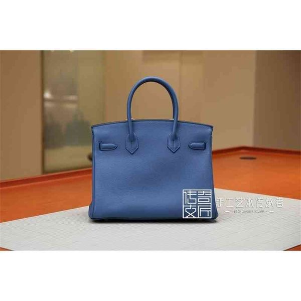 

heme designer handbags bbirkinss's pure 2022 manual wax thread sewing bag togo calfskin agate blue gold gz6z 2jcr
