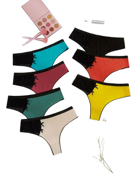 

plus 7pack colorblock contrast mesh bow panty r8hv#, Black;white