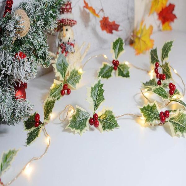 Dekorative Blumen Kränze Weihnachten LED Lichterketten mit Perlen Girlande Kranz Holly Weihnachten Indoor Fee für Zuhause Dezember W7M6Dekorativ