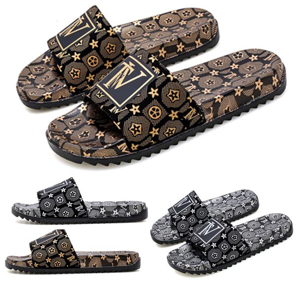 

europe station luxury brand designer men slippers women sandals pattern print gold silver slides classical wide flat lady beach sandal flip, Black