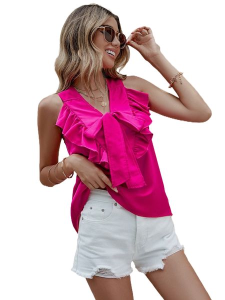 

ruffle trim knot front blouse f9jh#, White