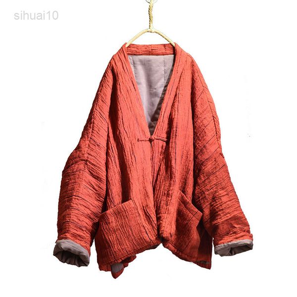 Chinesischen Stil Kimono Parka Frauen Winter Stepp Baumwolle Leinen Mantel Vintage Taste Taschen Stehkragen Dicke Baggy Warme Parka L220725