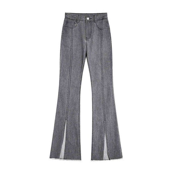 

women's gray denim flare pants 2021 retro y2k hem split tide long pants female high waist loose rok relax ulzzang jeans trousers t22072, Blue