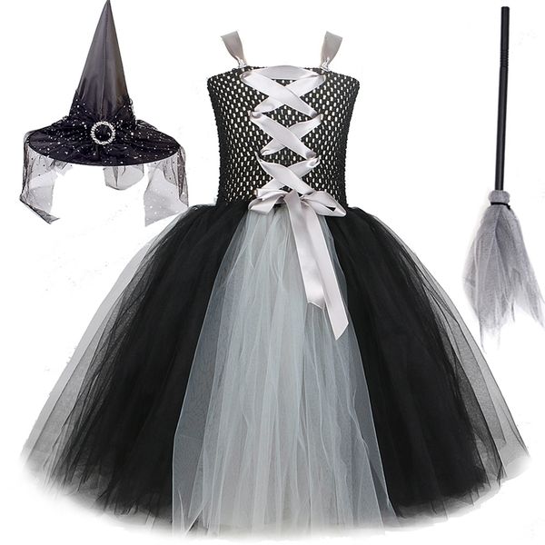 

gray black witch halloween costumes for girls kids long cosplay dresses tulle outfit with hat broom evil queen dress up tutus 220617, Red;yellow