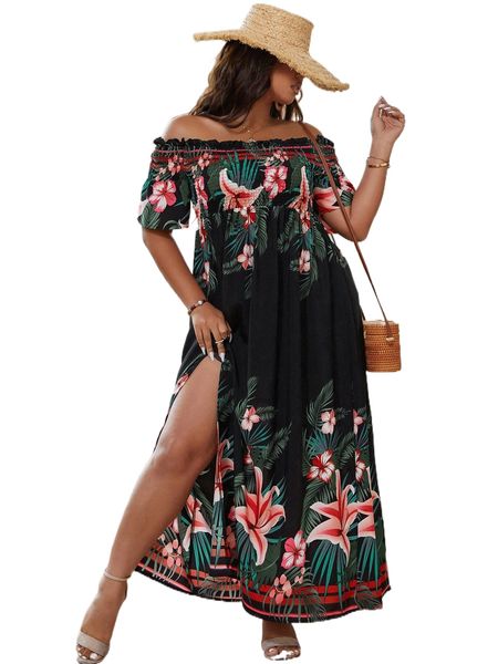 

plus tropical print off shoulder shirred split thigh dress d21o#, Black