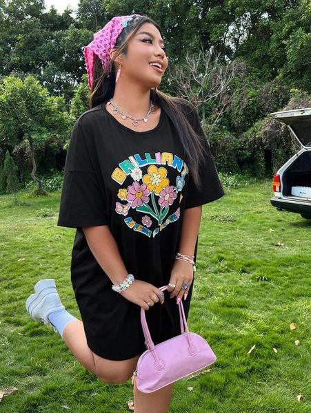 

plus floral & slogan graphic tee dress p21v#, Black