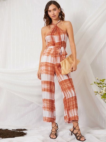 

tie dye tie backless belted halter jumpsuit u30k#, Black;white