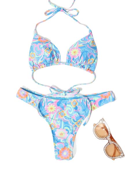 

floral halter triangle bikini swimsuit k2u6#, White;black