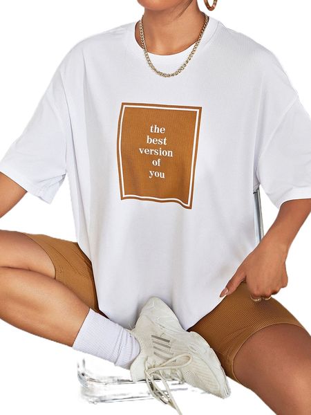 

slogan graphic drop shoulder tee & biker shorts set i0sn#, White