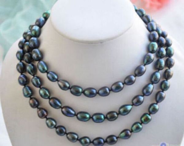 

long 50&quot 7-8mm tahitian black natural pearl necklace aaa hand knotted, Silver