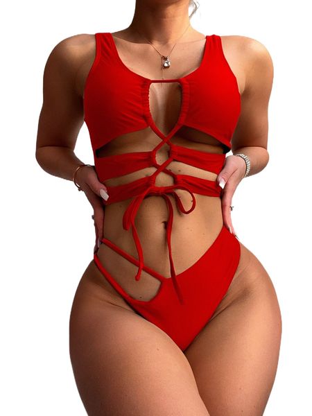

drawstring cut-out bikini swimsuit 91sa#, White;black