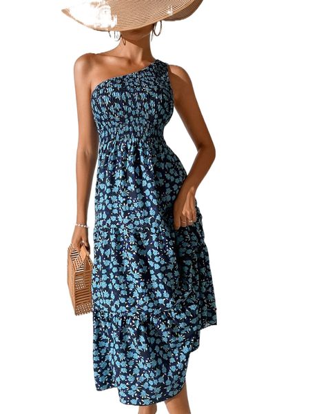 

ditsy floral one shoulder shirred bodice dress x02j#, Black;gray