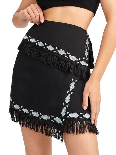 

x kes geo embroidery fringe trim wrap asymmetrical hem skirt b0he#, Black
