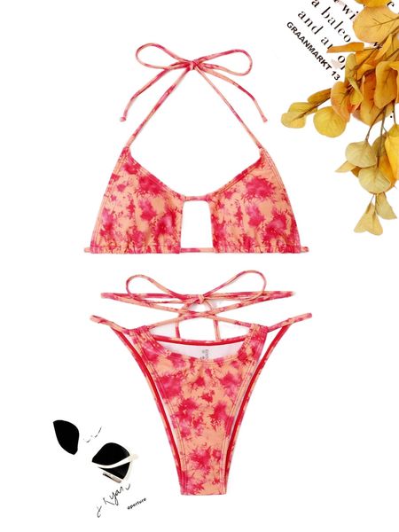 

tie dye halter bikini swimsuit 50qh#, White;black