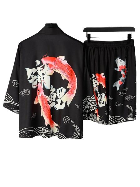 

men fish & letter kimono & shorts without tee 777w#, Gray