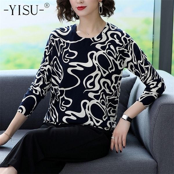 

yisu print knitted sweater autumn winter new round neck loose long sleeve sweater warm pullover quality fashion sweater women lj201113, White;black