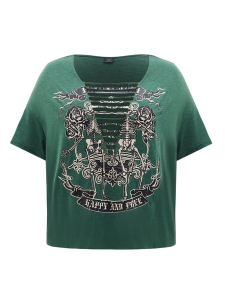 

plus skeleton and letter graphic ripped tee 75k7#, Black