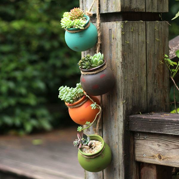 4 pezzi vaso da fiori in ceramica a parete appeso cactus succulenti fioriere bonsai contenitore corda di canapa decorazione del giardino 220406