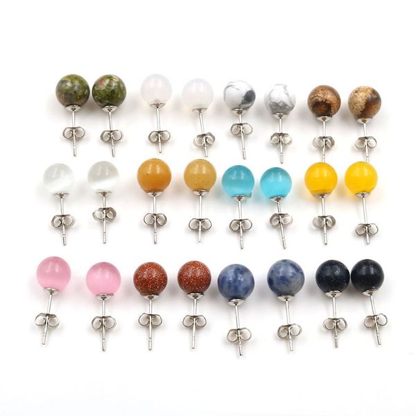

fashion 8mmround ball natural stone stud tiger's eye agate lapis pink quartz opal earrings for women jewelry, Golden;silver