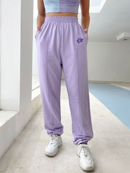 

floral embroidery seam detail sweatpants l8x3#, Black;white