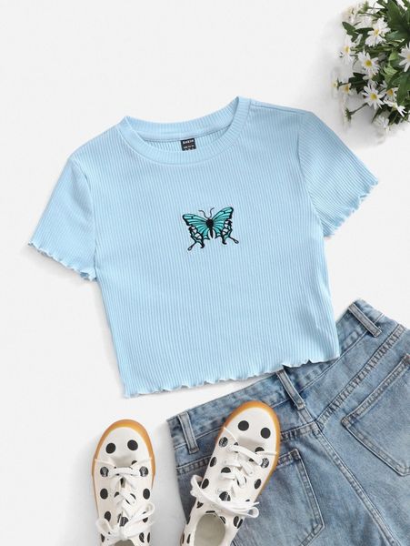 

lettuce trim butterfly embroidery crop b0ia#, White