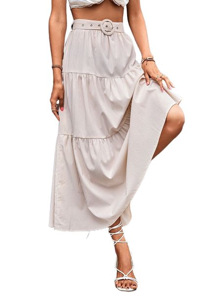 

striped print belted layered skirt 96nv#, Black