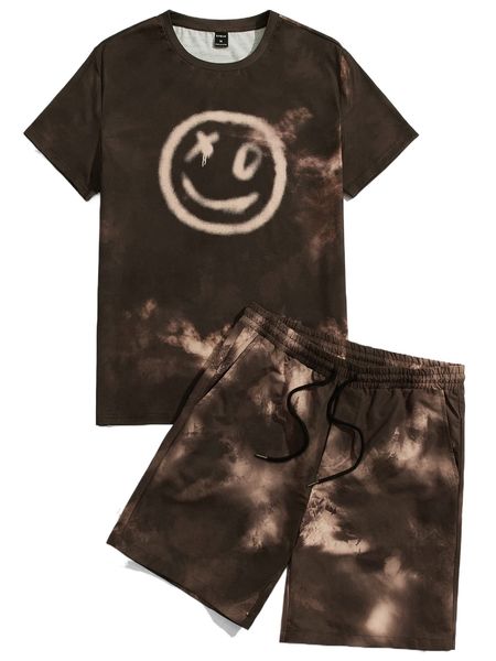 

men tie dye expression print tee & drawstring waist shorts b3lm#, Gray