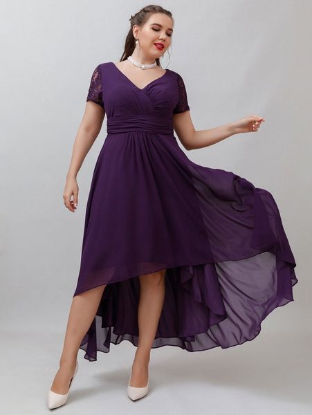 

plus contrast lace surplice front asymmetrical hem dress i2gq#, Black