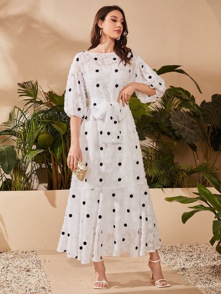 

polka dot print flounce hem jacquard dress n7em#, Black;gray