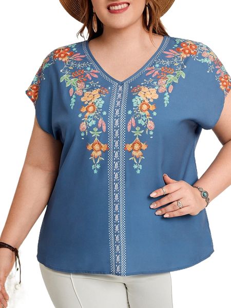 

emery rose plus floral print batwing sleeve blouse 38oi#, Black