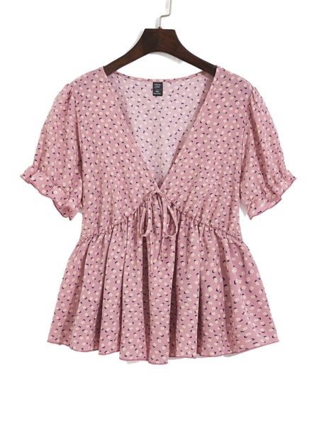 

plus ditsy floral puff sleeve tie front peplum blouse u6b9#, Black