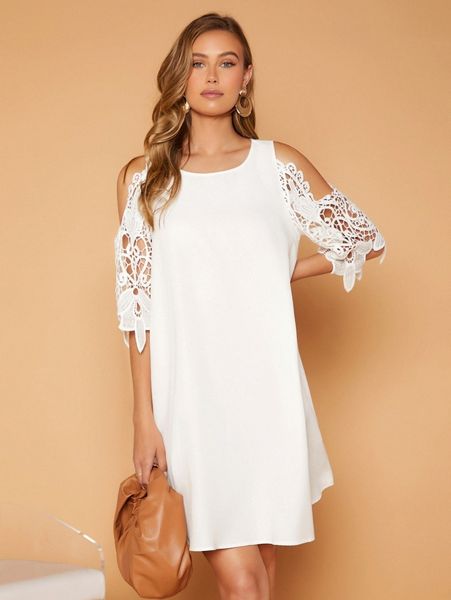 

guipure lace sleeve cold shoulder dress 78ox#, Black;gray