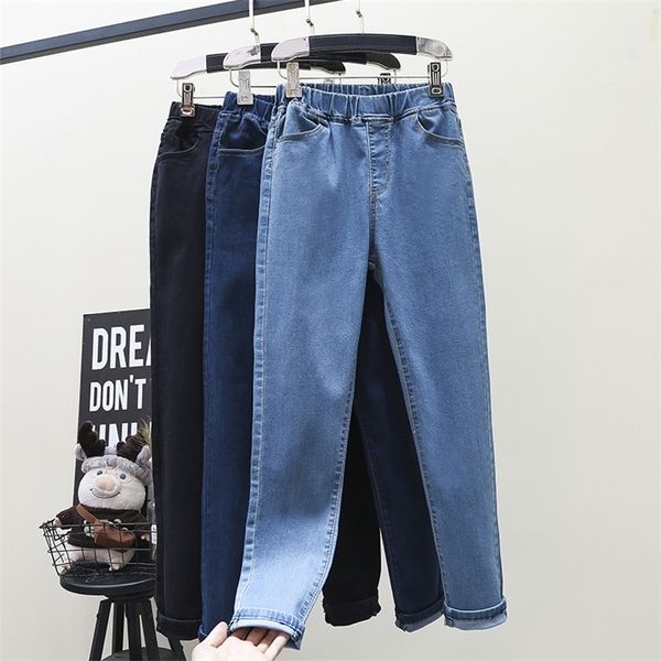 

s-6xl high stretch skinny jeans plus size women mom denim pants high waist elastic band slim pencil pants light blue black 210302