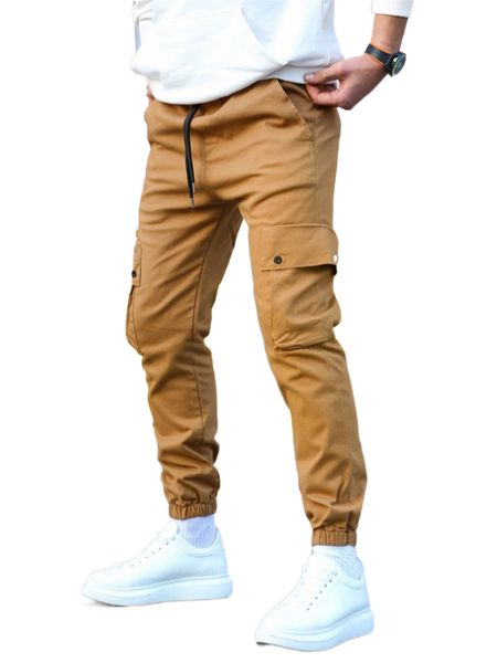 

men flap pocket drawstring waist cargo pants k4sh#, Black