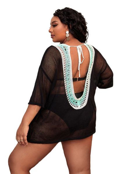 

plus colorblock tie back cover up without bikini set n7yq#, Black
