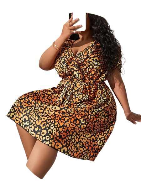 

sxy plus leopard ruffle trim belted dress l82e#, Black