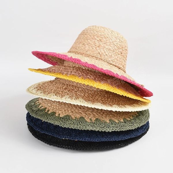 

fashion color-block women's raffia hat summer wide brim beach hats ladies straw hat holiday gifts wholesale, Blue;gray