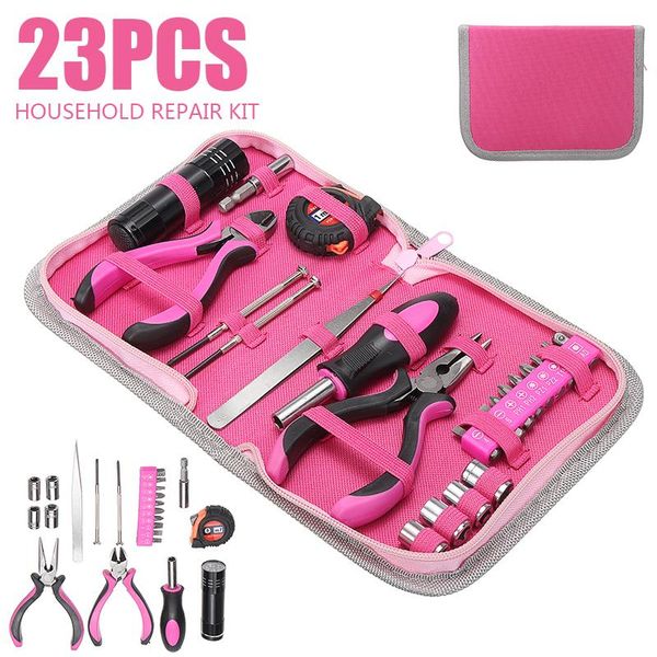 Set di utensili manuali professionali 23 pezzi Pinze femminili Cacciavite Kit di riparazione multifunzione rosa per uso domestico Pinza fai-da-te Misura di nastro a vite Home To