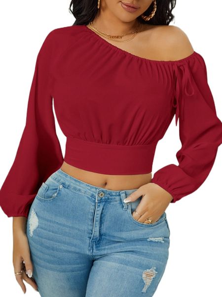 

asymmetrical neck lantern sleeve knot detail blouse r1x7#, White