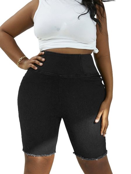 

plus wideband waist bleach wash raw trim denim shorts 17w2#, White;black