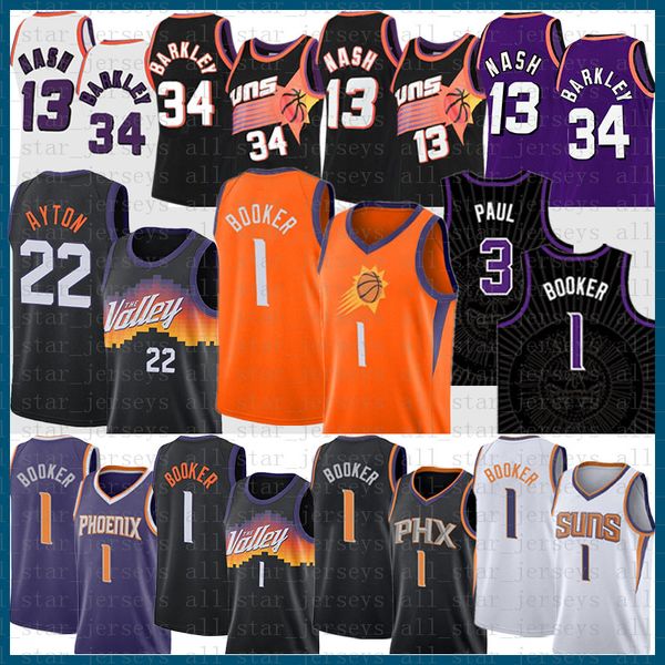 

13 34 22 devin booker chris paul basketball jersey phoenixs sun 1 3 steve nash charles barkley deandre ayton orange, Black;red