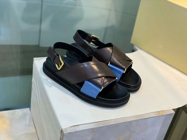 Designer-Qualität! 2020040601J 40 flache Sandalen aus echtem Kalbsleder mit gekreuzter Sling-Rückseite, knabenhaftes Blau, Weiß, Gelb, Schwarz, Marinerosa