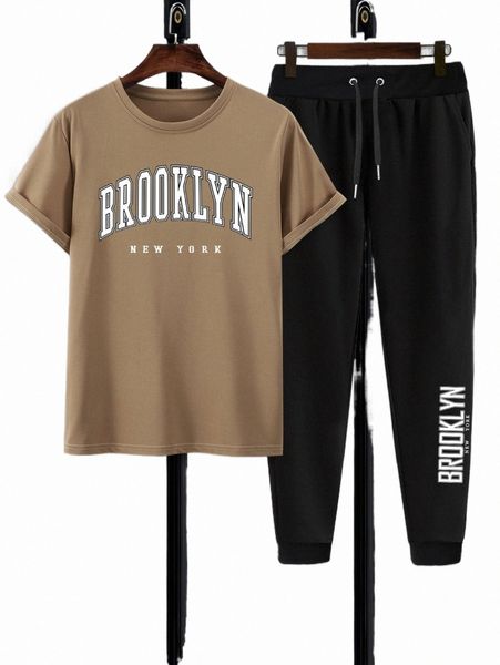 

men letter graphic tee & slant pockets sweatpants p0ch#, Gray