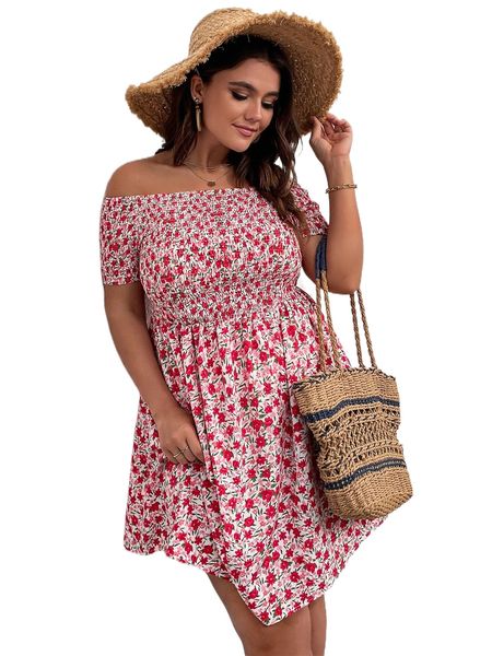 

plus allover floral print shirred off shoulder dress 71fw#, Black