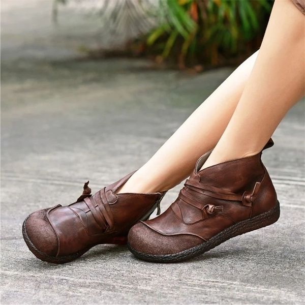 Loozykit vendas quentes outono inverno retro mulheres botas moda moda genuína couro tornozelo zapatos de mujer vintage quente botas 201106