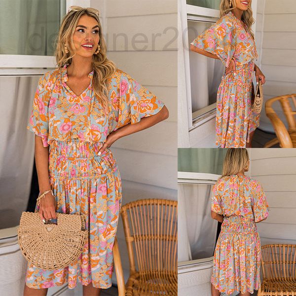 

casual dresses designer summer new print v-neck short sleeve high waist casual d, Black;gray