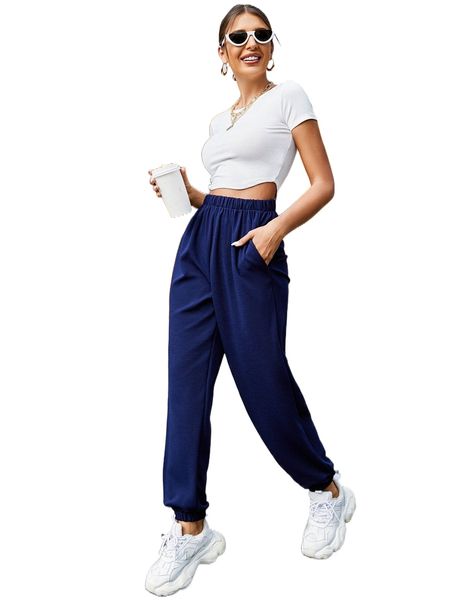 

elastic waist slant pocket pants m4ay#, Black;white