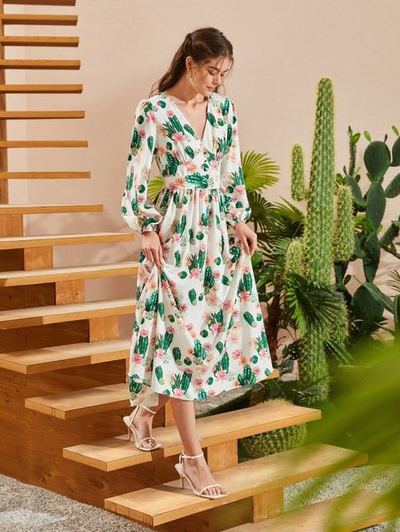 

plants surplice neck bishop sleeve dress n5to#, Black;gray